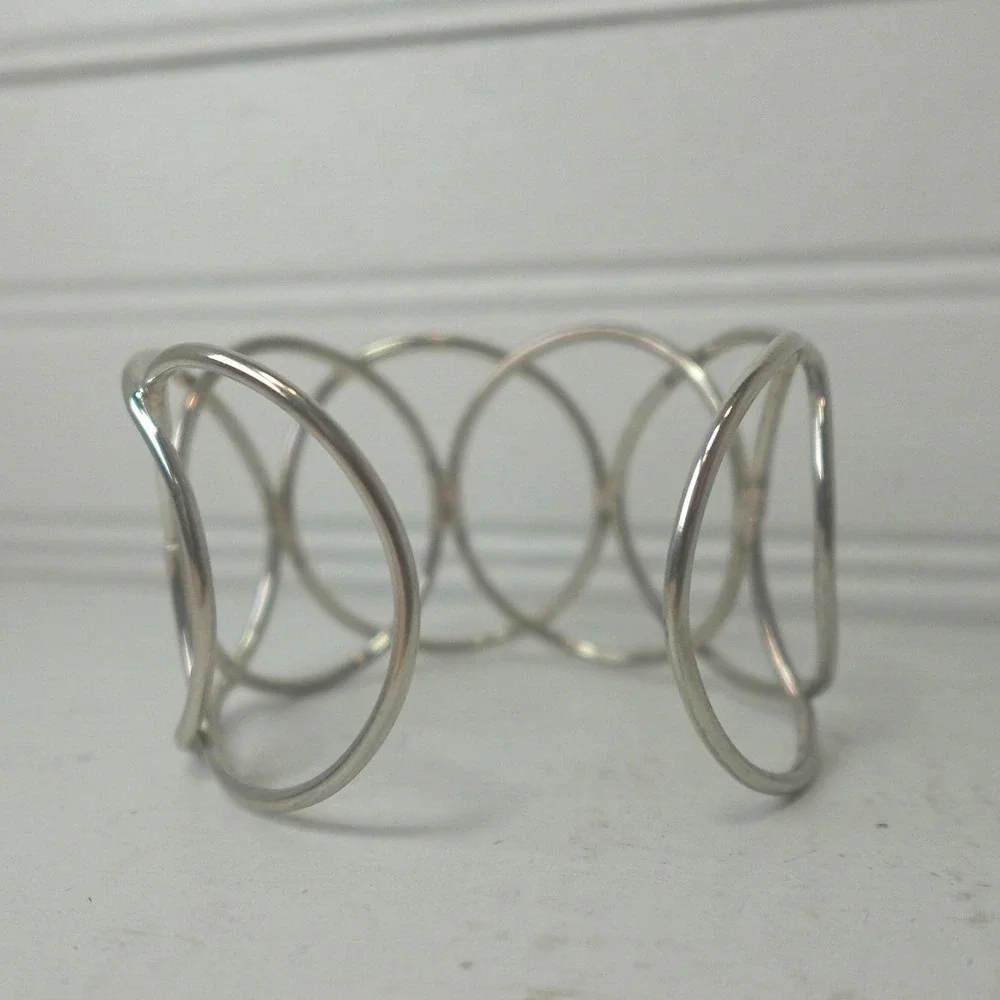 Y2K Silver Tone Wide Cuff Bracelet Open-work Chunky Circles Boho Modernist